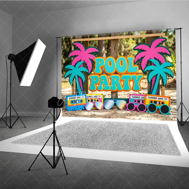 Aperturee - Aperturee Colorful Pool Party Photography Backdrop featuring Retro Palm Trees Summer Jamz Cassette Tapes and Sunglasses