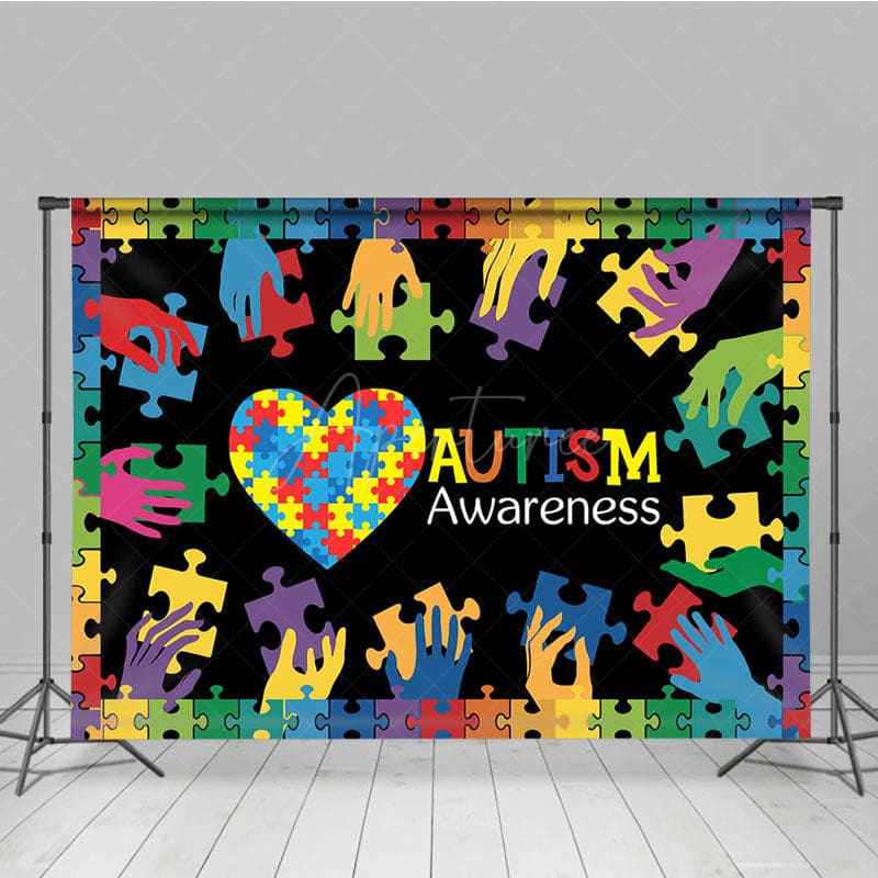 Aperturee - Aperturee Colorful Puzzle Hands Heart Autism Awareness Backdrop
