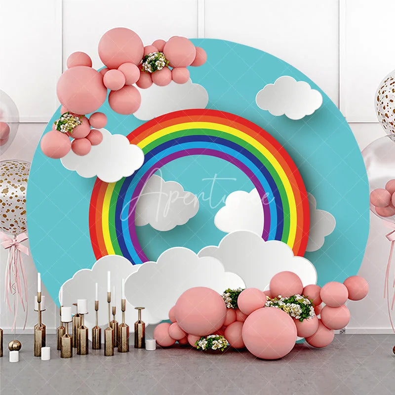 Aperturee - Aperturee Colorful Rainbow and Fluffy Clouds Round Backdrop Vibrant Blue Sky Theme for Baby Shower Birthday Party