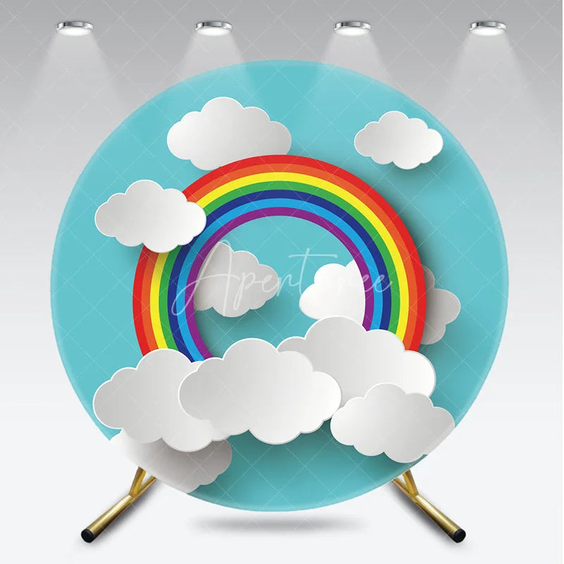 Aperturee - Aperturee Colorful Rainbow and Fluffy Clouds Round Backdrop Vibrant Blue Sky Theme for Baby Shower Birthday Party