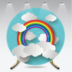 Aperturee - Aperturee Colorful Rainbow and Fluffy Clouds Round Backdrop Vibrant Blue Sky Theme for Baby Shower Birthday Party
