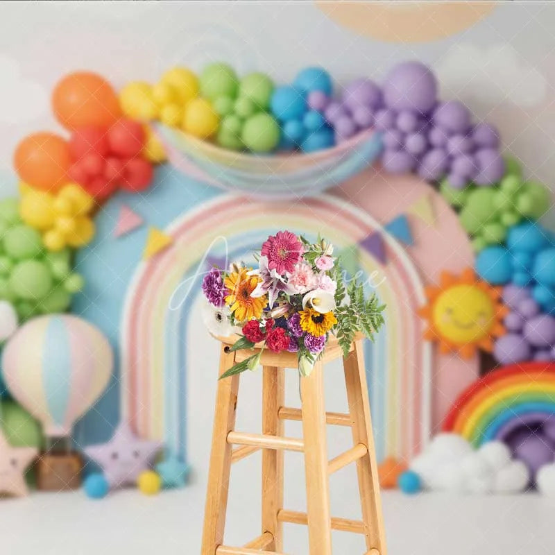 Aperturee - Aperturee Colorful Rainbow and Sun Photography Backdrop Clouds and Balloons Birthday Banner
