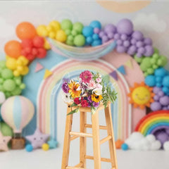 Aperturee - Aperturee Colorful Rainbow and Sun Photography Backdrop Clouds and Balloons Birthday Banner
