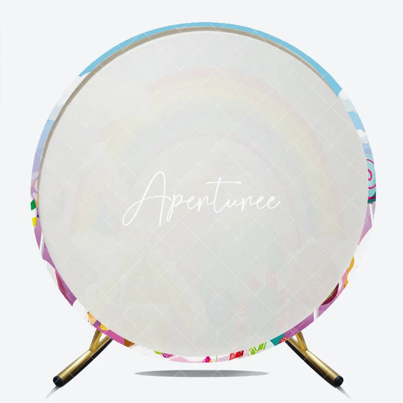 Aperturee - Aperturee Colorful Rainbow Candy Land Windmill Round Backdrop Sweet Lollipops and Candy Canes for Birthday Party