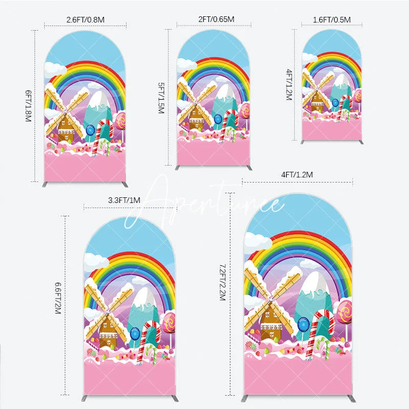 Aperturee - Aperturee Colorful Rainbow Candy Land Windmill Round Top Arch Backdrop Sweet Wonderland Birthday Party Decor