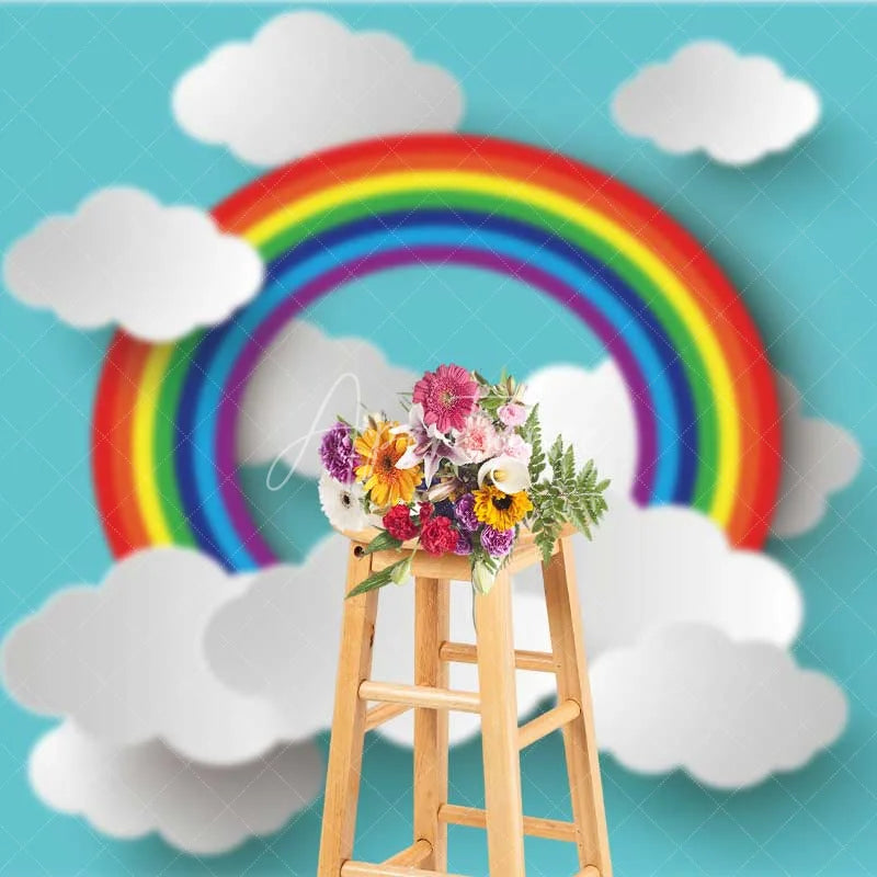 Aperturee - Aperturee Colorful Rainbow Clouds Birthday Backdrop Blue Sky Baby Shower Cake Smash Photography Background