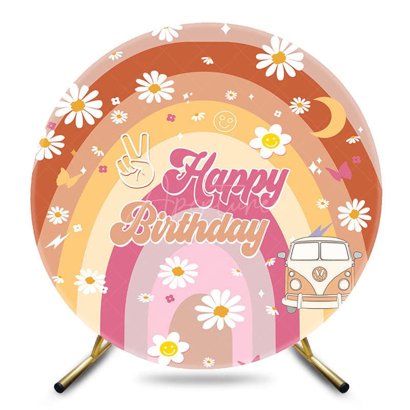 Aperturee - Aperturee Colorful Rainbow Daisy Groovy Round Birthday Backdrop