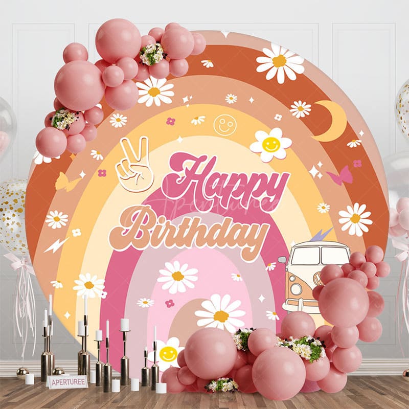 Aperturee - Aperturee Colorful Rainbow Daisy Groovy Round Birthday Backdrop