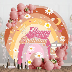 Aperturee - Aperturee Colorful Rainbow Daisy Groovy Round Birthday Backdrop