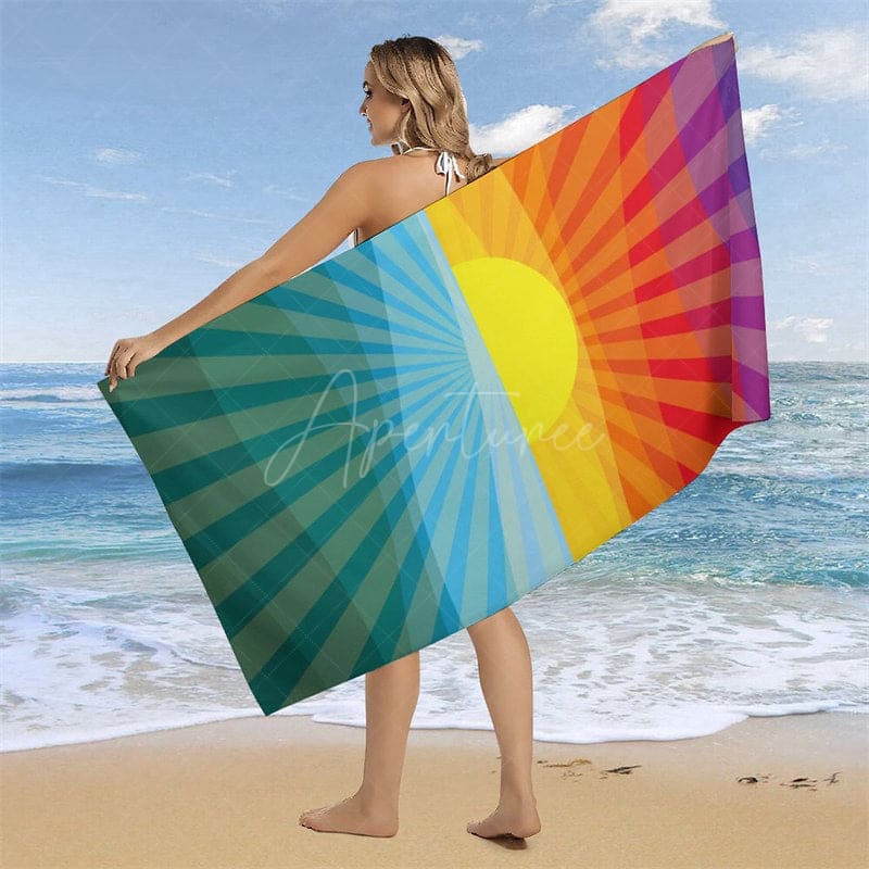Aperturee - Aperturee Colorful Rainbow Sunrise Custom Name Beach Towel