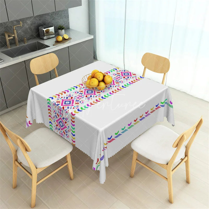 Aperturee - Aperturee Colorful Rainbow Tribal Band Rectangle Tablecloth White Aztec Pattern Table Cover for Boho Party