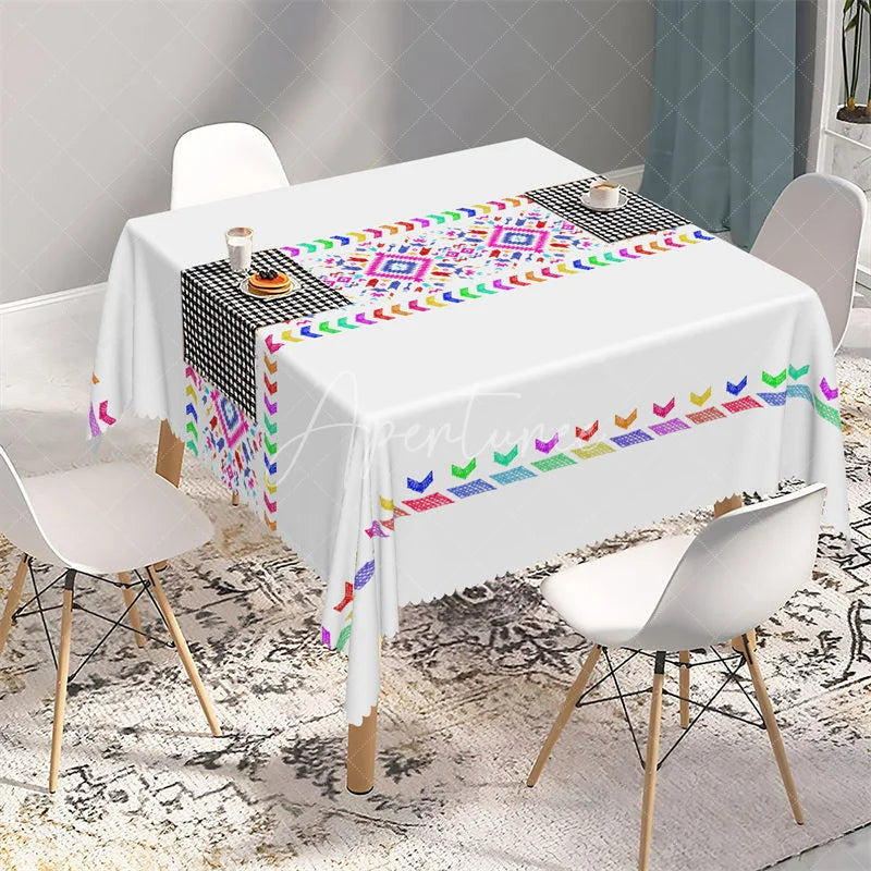 Aperturee - Aperturee Colorful Rainbow Tribal Band Rectangle Tablecloth White Aztec Pattern Table Cover for Boho Party