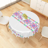 Aperturee - Aperturee Colorful Rainbow Tribal Geometric Round Tablecloth Vibrant Festive Pattern for Birthday and Party