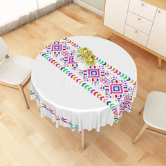 Aperturee - Aperturee Colorful Rainbow Tribal Geometric Round Tablecloth Vibrant Festive Pattern for Birthday and Party
