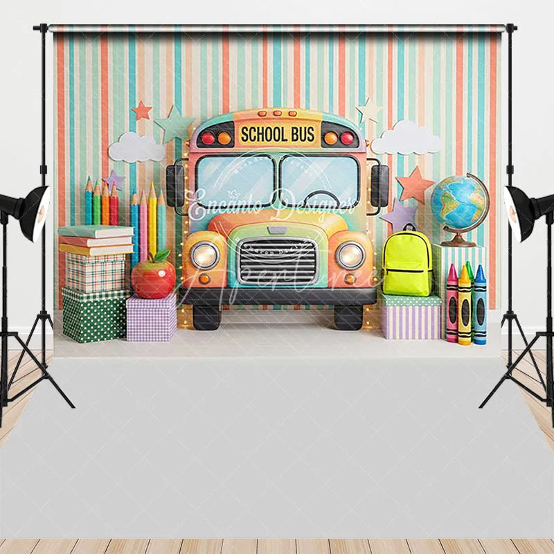Aperturee - Aperturee Colorful School Bus and Learning Supplies Combo Set Backdrop Striped Back to School Theme for Kids Photography