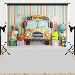 Aperturee - Aperturee Colorful School Bus and Learning Supplies Combo Set Backdrop Striped Back to School Theme for Kids Photography