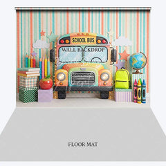 Aperturee - Aperturee Colorful School Bus and Learning Supplies Combo Set Backdrop Striped Back to School Theme for Kids Photography