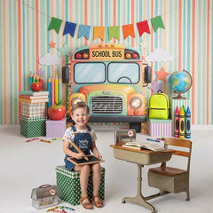 Aperturee - Aperturee Colorful School Bus and Learning Supplies Combo Set Backdrop Striped Back to School Theme for Kids Photography
