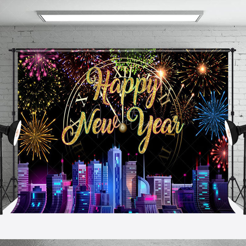 Aperturee - Aperturee Colorful Sparks Modern City Happy New Year Backdrop