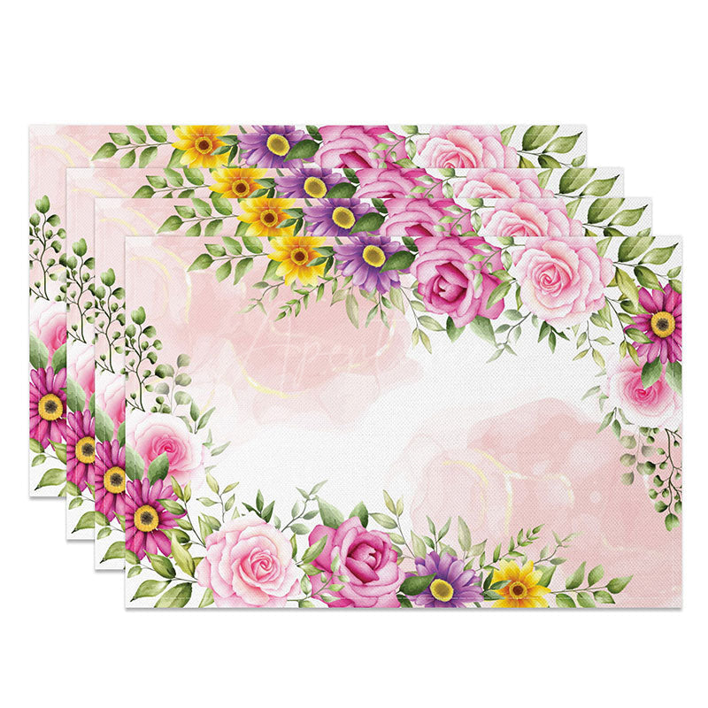 Aperturee - Aperturee Colorful Spring Floral Placemats Set of 4 with Botanical Leaf Print for Easter and Garden Party