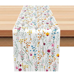Aperturee - Aperturee Colorful Spring Wildflower Table Runner Dainty Botanical Print Farmhouse Kitchen Dining Table Decor