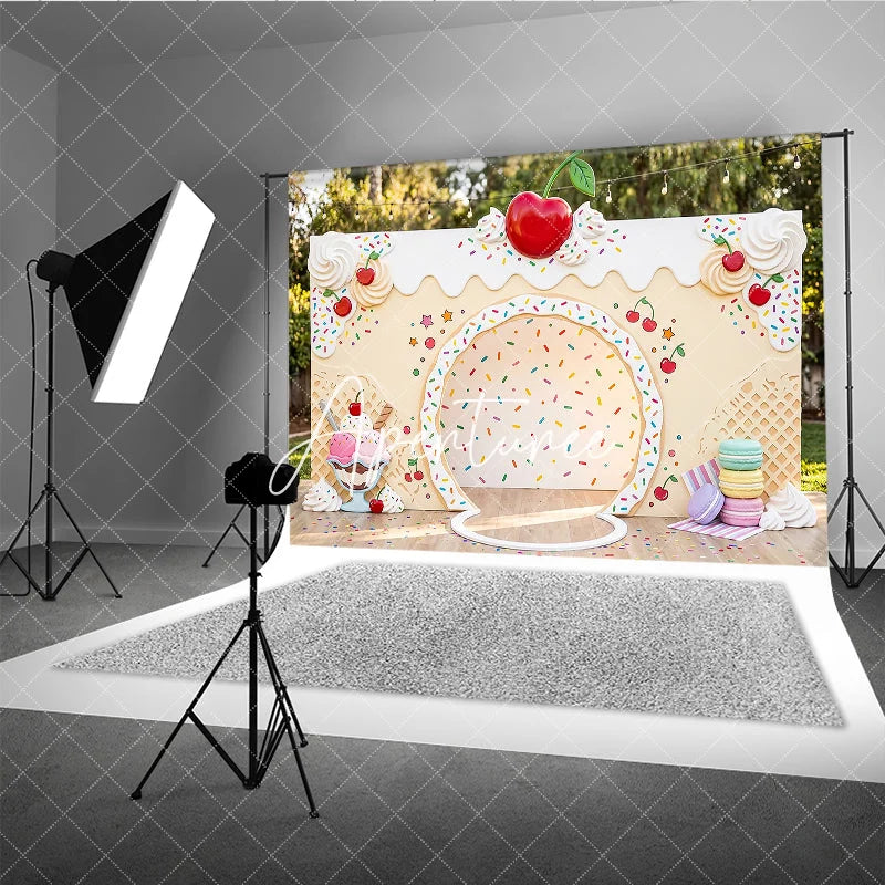 Aperturee - Aperturee Colorful Sprinkles Ice Cream Sundae Photography Backdrop with Red Cherry and Macarons Sweet Dessert Party Decor
