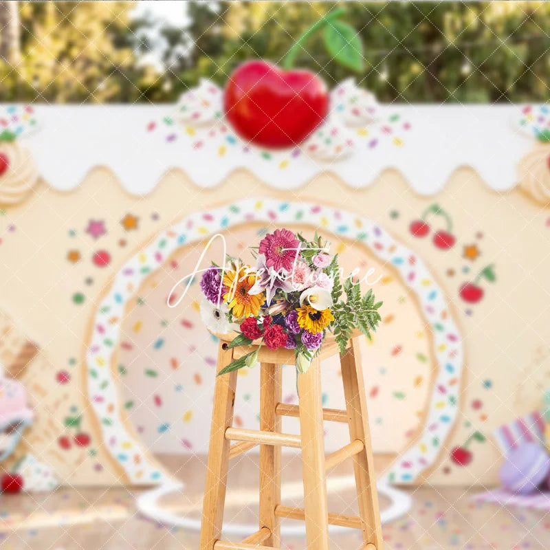 Aperturee - Aperturee Colorful Sprinkles Ice Cream Sundae Photography Backdrop with Red Cherry and Macarons Sweet Dessert Party Decor
