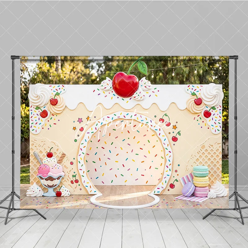 Aperturee - Aperturee Colorful Sprinkles Ice Cream Sundae Photography Backdrop with Red Cherry and Macarons Sweet Dessert Party Decor