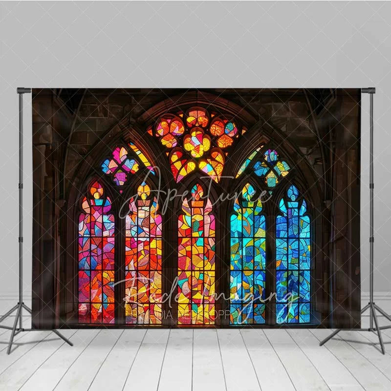Aperturee - Aperturee Colorful Stained Glass Window Photography Backdrop Vibrant Church Architecture Background Religious Spiritual Photo