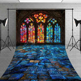 Aperturee - Aperturee Colorful Stained Glass Window Sweep Backdrop Church Stone Floor Photography Floor Mat Religious Decoration