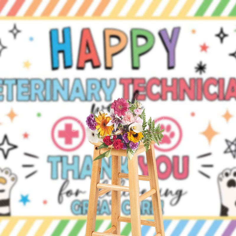 Aperturee - Aperturee Colorful Stripe Paw Print Happy Vet Tech Week Backdrop