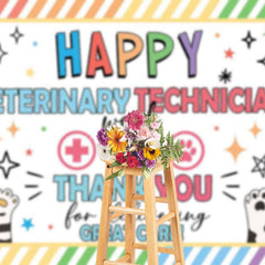 Aperturee - Aperturee Colorful Stripe Paw Print Happy Vet Tech Week Backdrop
