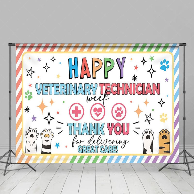 Aperturee - Aperturee Colorful Stripe Paw Print Happy Vet Tech Week Backdrop