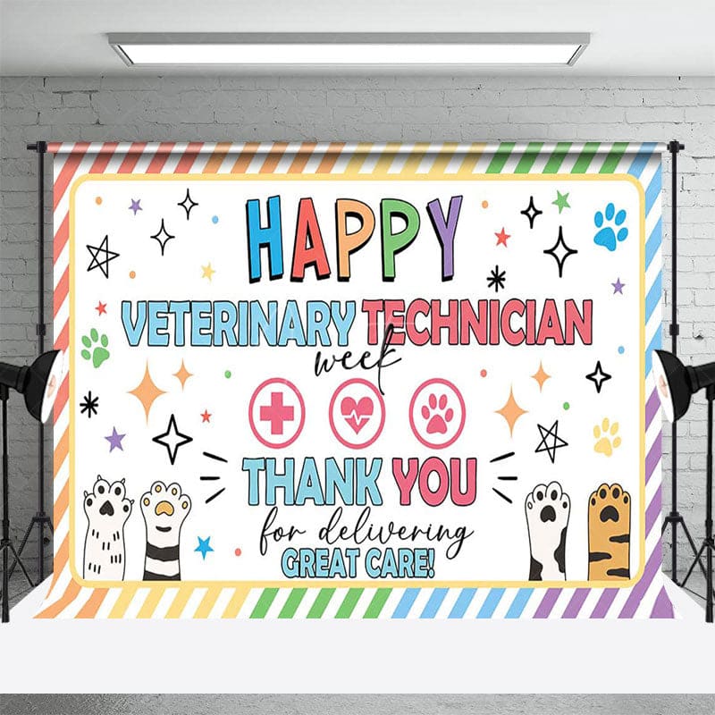 Aperturee - Aperturee Colorful Stripe Paw Print Happy Vet Tech Week Backdrop
