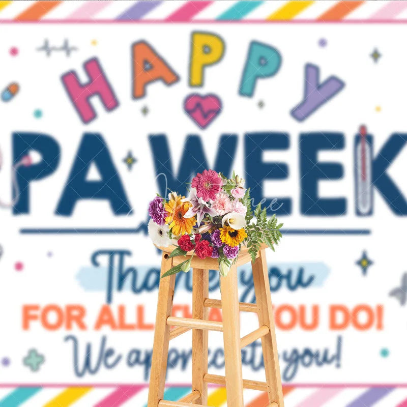 Aperturee - Aperturee Colorful Striped Happy PA Week Thank You Holiday Backdrop Featuring Medical Appreciation Elements