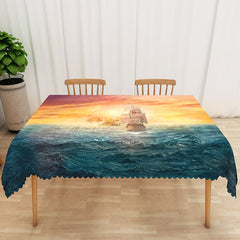 Aperturee - Aperturee Colorful Sunset Ocean Wave Rectangle Tablecloth for Coastal Beach House and Summer Dining Decor