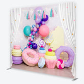 Aperturee - Aperturee Colorful Sweet Shop Candy Land Square Double-Sided Backdrop with Balloons Donuts and Macarons for Birthday Party