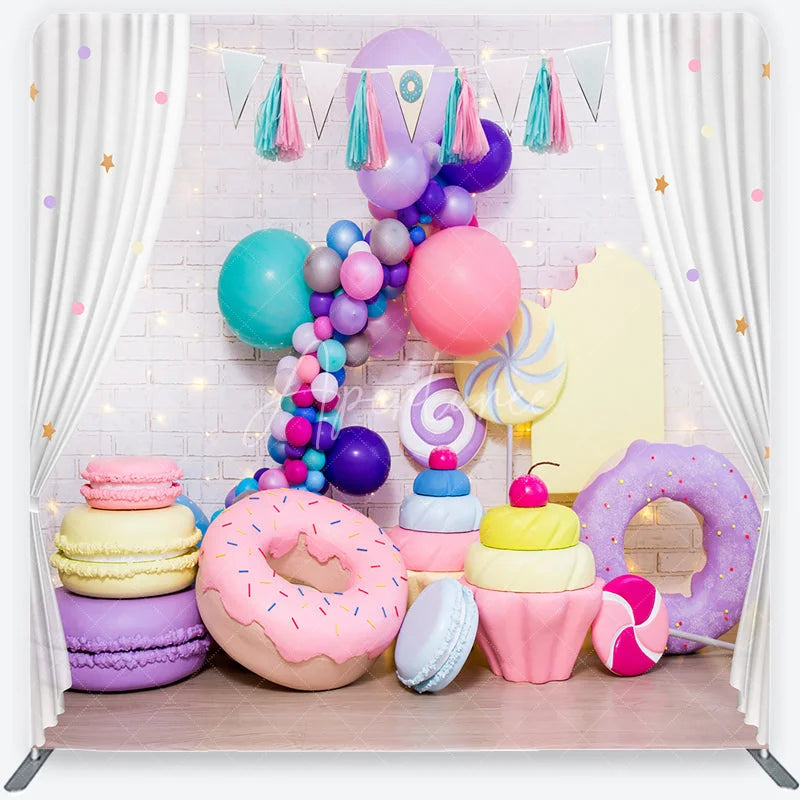 Aperturee - Aperturee Colorful Sweet Shop Candy Land Square Double-Sided Backdrop with Balloons Donuts and Macarons for Birthday Party