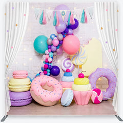 Aperturee - Aperturee Colorful Sweet Shop Candy Land Square Double-Sided Backdrop with Balloons Donuts and Macarons for Birthday Party