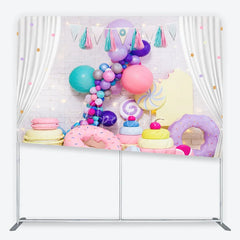 Aperturee - Aperturee Colorful Sweet Shop Candy Land Square Double-Sided Backdrop with Balloons Donuts and Macarons for Birthday Party