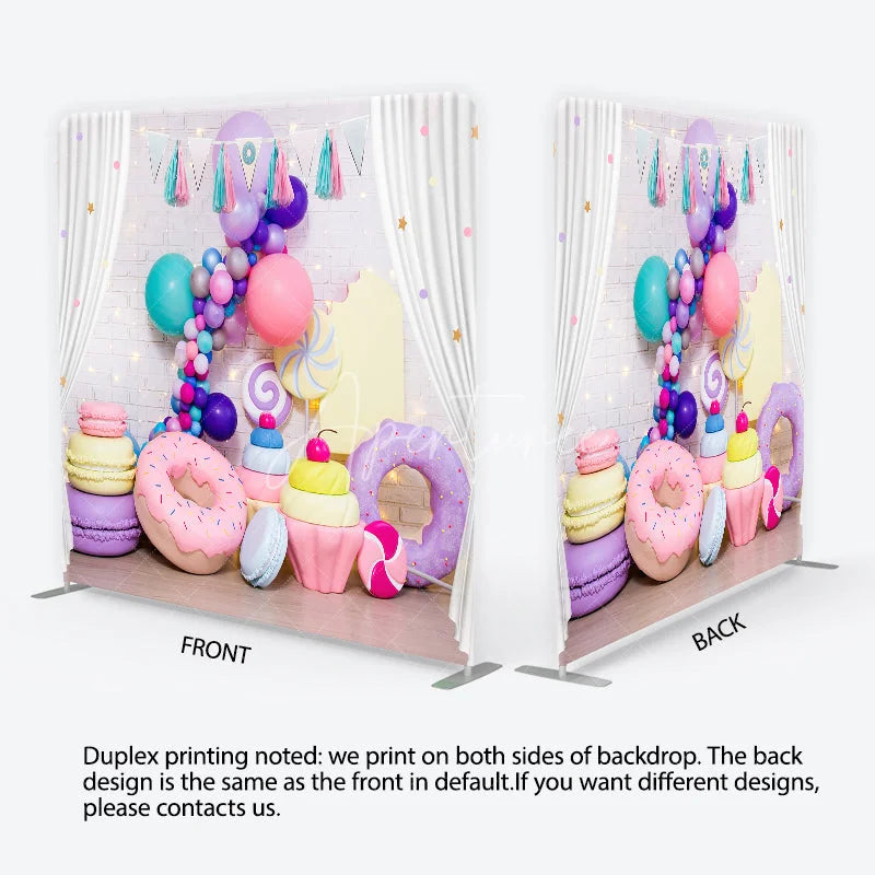 Aperturee - Aperturee Colorful Sweet Shop Candy Land Square Double-Sided Backdrop with Balloons Donuts and Macarons for Birthday Party