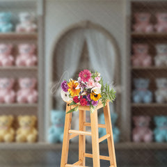 Aperturee - Aperturee Colorful Teddy Bear Arch Window Cake Smash Backdrop