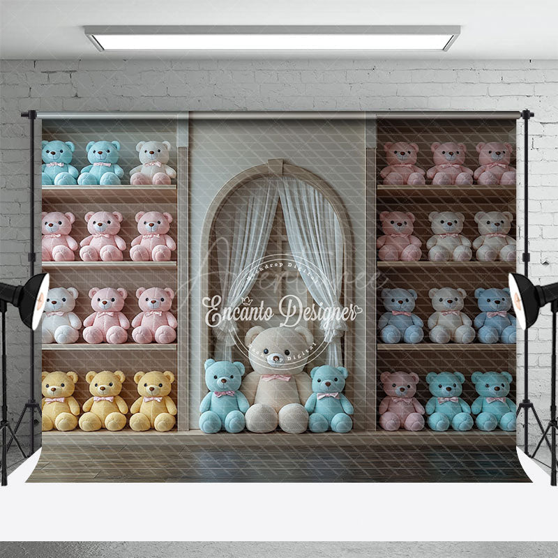 Aperturee - Aperturee Colorful Teddy Bear Arch Window Cake Smash Backdrop