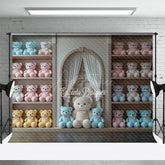 Aperturee - Aperturee Colorful Teddy Bear Arch Window Cake Smash Backdrop