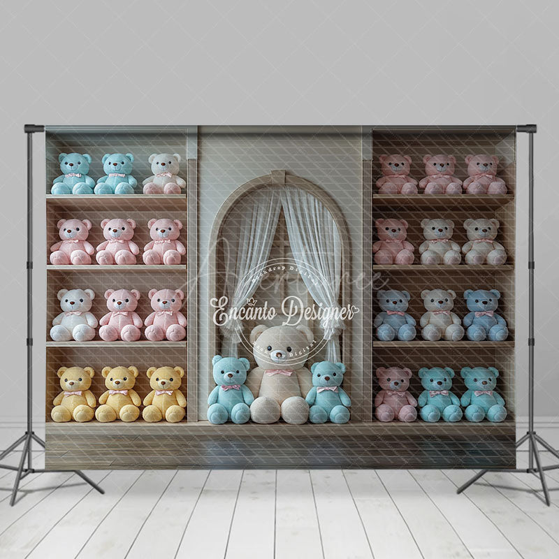 Aperturee - Aperturee Colorful Teddy Bear Arch Window Cake Smash Backdrop