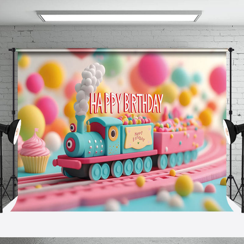 Aperturee - Aperturee Colorful Toy Track Train Birthday Cake Smash Backdrop