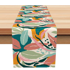 Aperturee - Aperturee Colorful Tropical Table Runner with Abstract Leaf Patterns for Summer Luau Party and Dining Room Decor