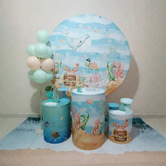 Aperturee - Aperturee Colorful Underwater Ocean Adventure Round Backdrop Kit with Friendly Whale and Pirate Turtle Baby Shower Party Decor