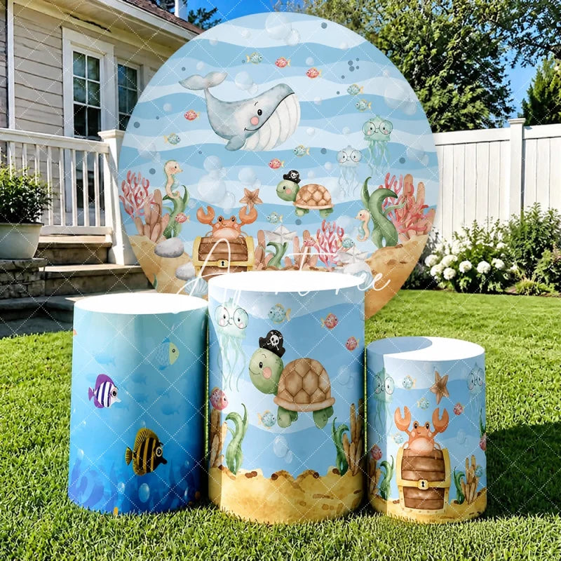 Aperturee - Aperturee Colorful Underwater Ocean Adventure Round Backdrop Kit with Friendly Whale and Pirate Turtle Baby Shower Party Decor