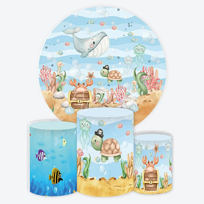 Aperturee - Aperturee Colorful Underwater Ocean Adventure Round Backdrop Kit with Friendly Whale and Pirate Turtle Baby Shower Party Decor